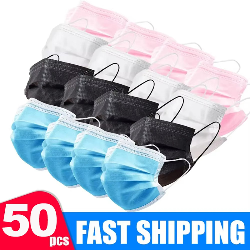 Disposable Mask Blue - 50 個ユニセックス 3 層マスクフェイスマスクメルトブローン布使い捨て安全防塵保護マスクブルー大人不織布マスク