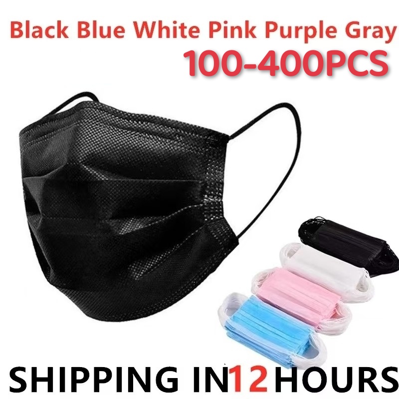 Disposable Surgical Mask - 100-400枚入り ブラックマスク 使い捨てマスク 不織布 3層フィルター 防塵マスク