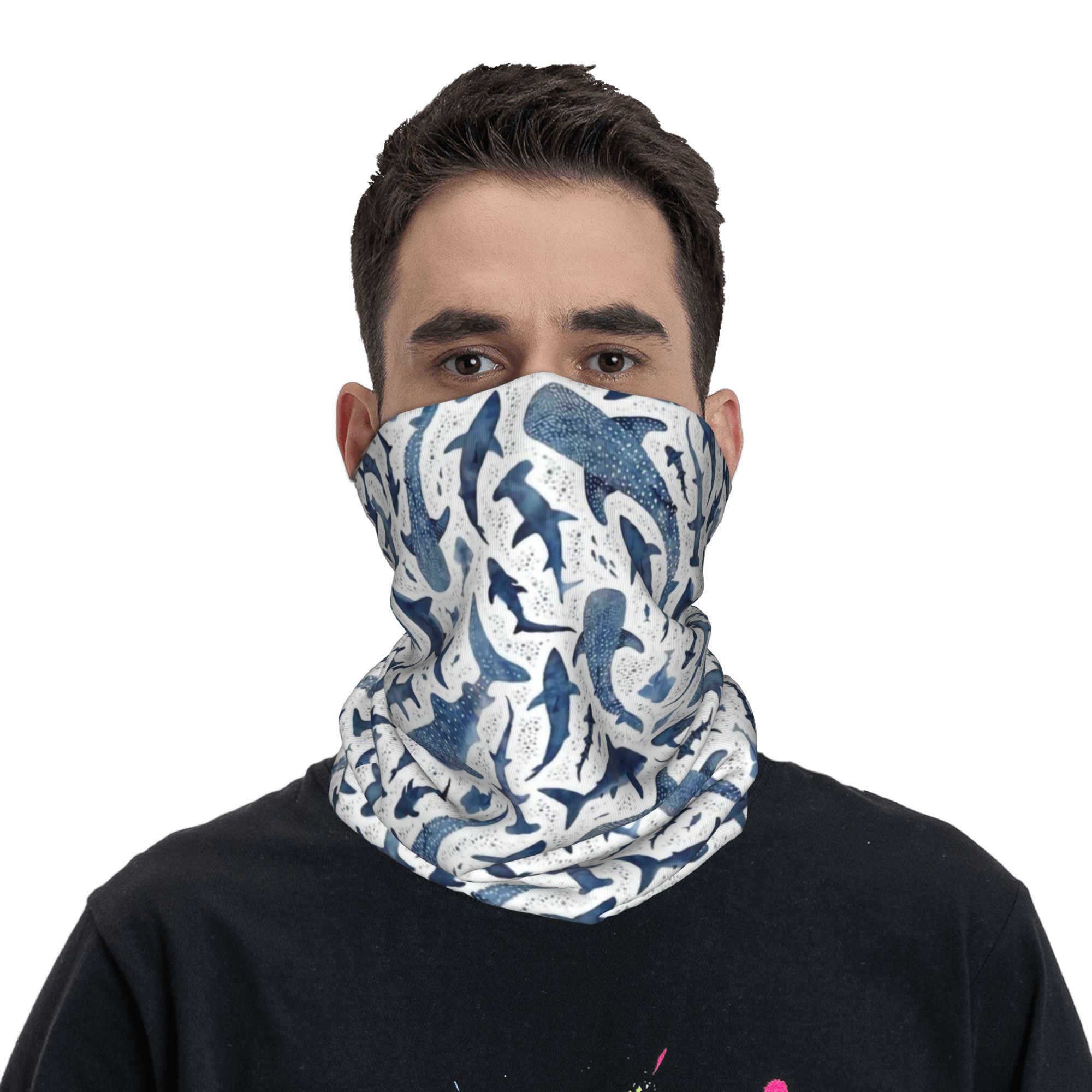 カスタムブルー水彩画サメ柄バンダナネックゲイター防風フェイス - Neck Gaiter Face Cover のレビューと価格
