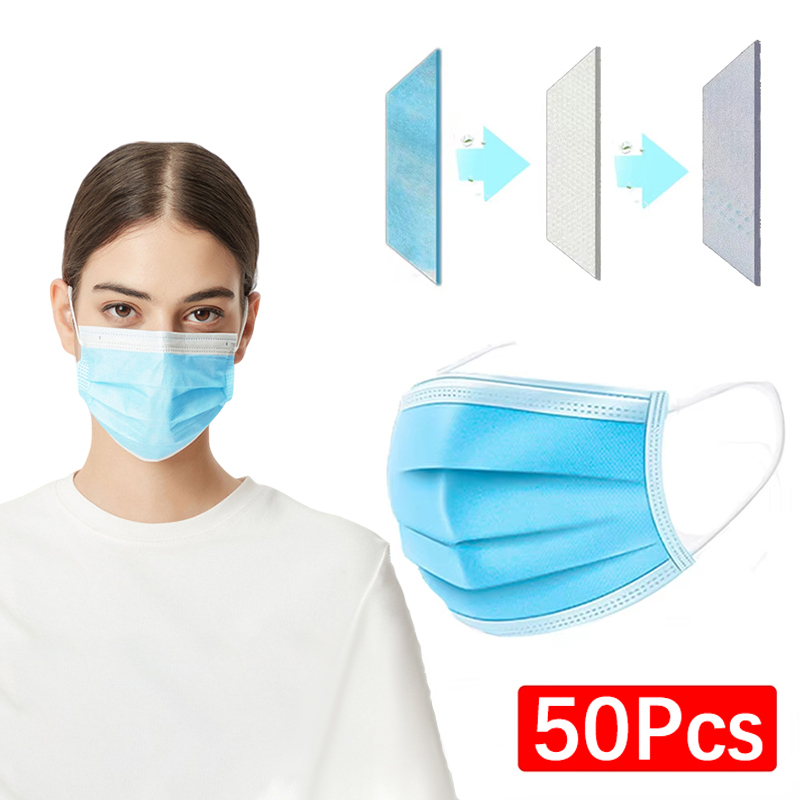 50 個 3 層マスク フェイスマスク メルトブローン布 使 - Disposable Mask Blue のレビューと価格